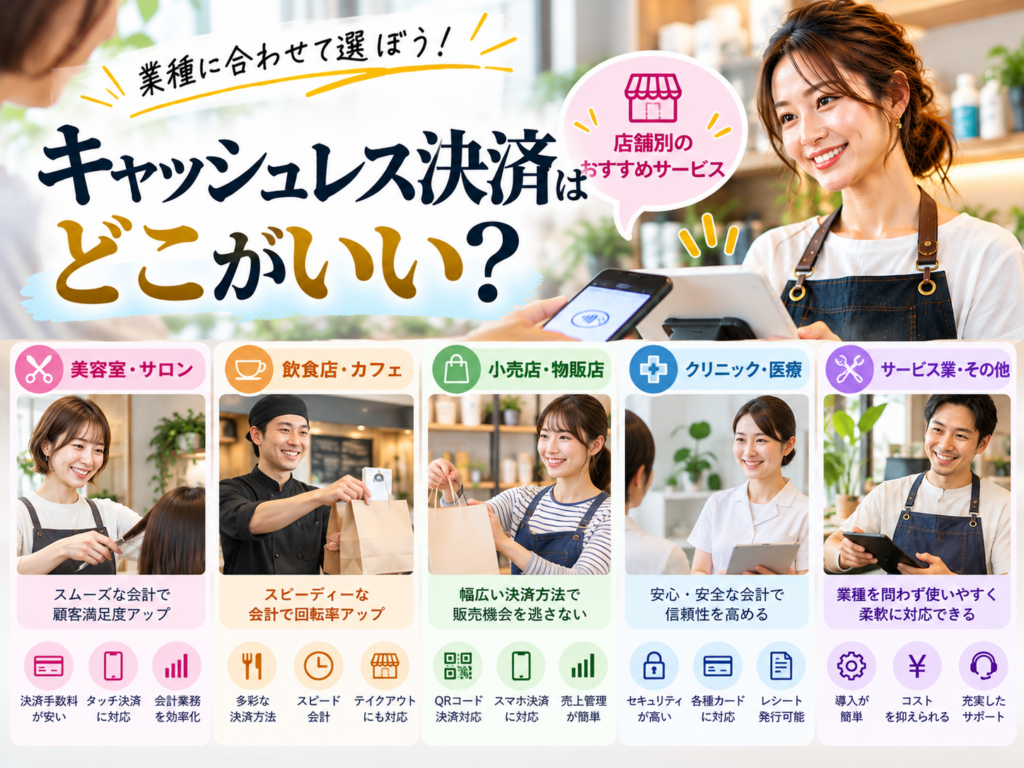 キャッシュレス決済はどこがいい？美容室・サロン・飲食店・小売店・クリニックなど店舗の業種別におすすめの決済サービスを選ぶポイント