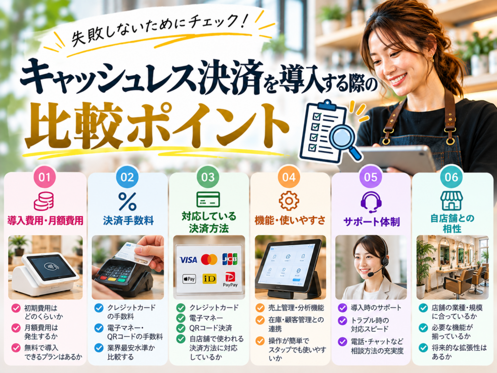 キャッシュレス決済を導入する際の比較ポイント｜初期費用・月額料金・決済手数料・対応決済方法・機能性・サポート体制・店舗との相性