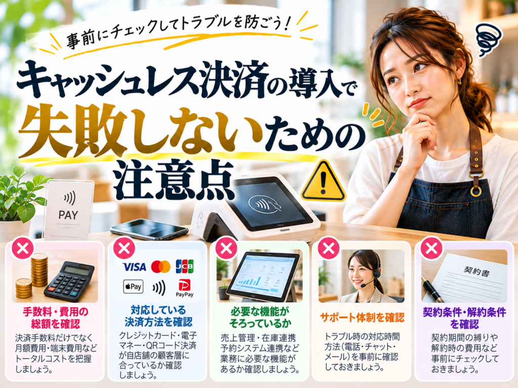 キャッシュレス決済の導入で失敗しないための注意点｜決済手数料・対応決済方法・必要な機能・サポート体制・契約条件の確認ポイント