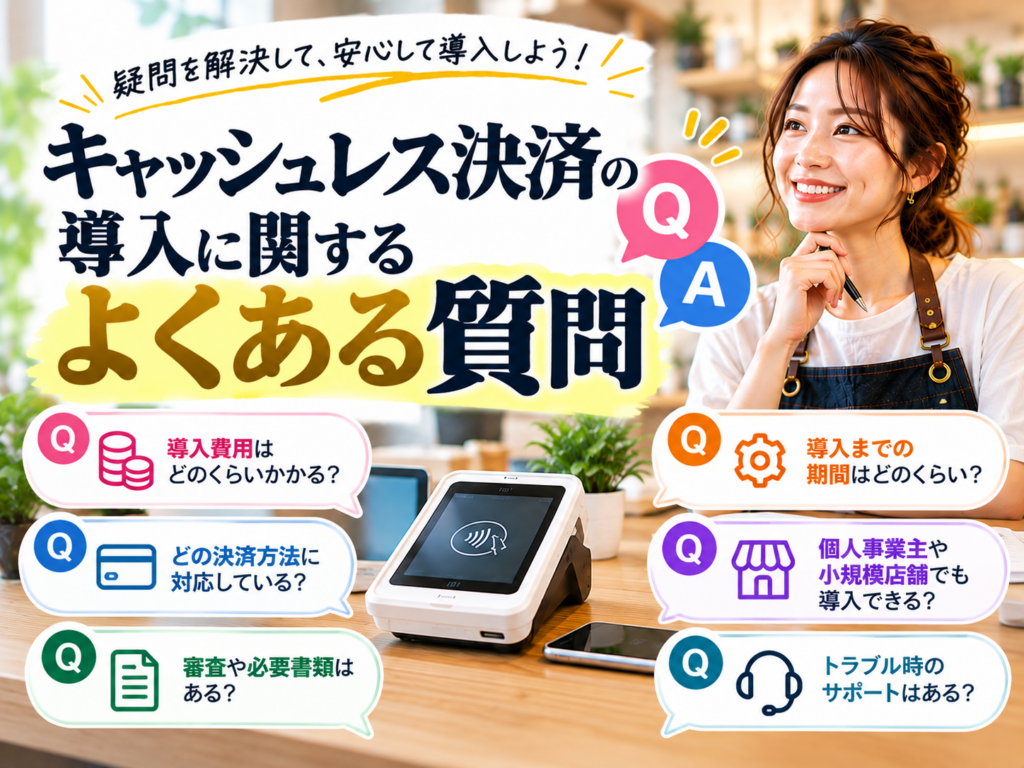 キャッシュレス決済の導入に関するよくある質問｜導入費用・対応決済方法・審査や必要書類・導入期間・個人事業主の利用について解説