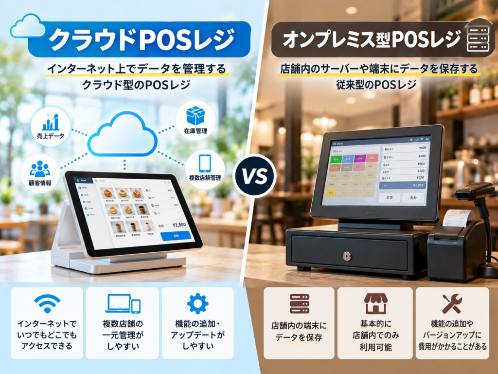 クラウドPOSレジとオンプレミス型POSレジの違いを比較|データ管理方法・複数店舗管理・機能拡張の特徴を解説