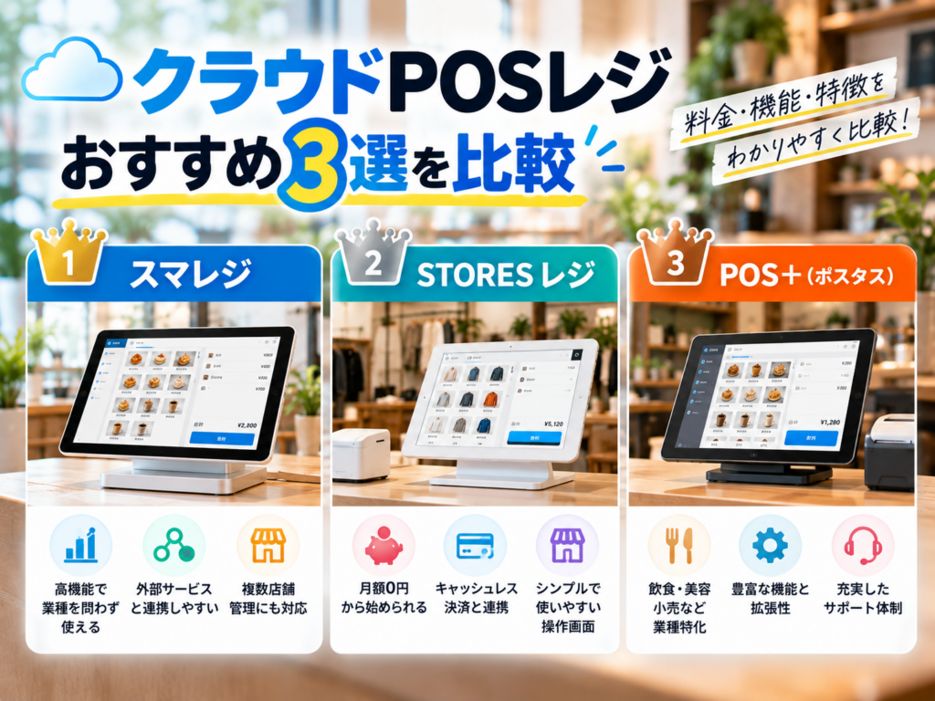クラウドPOSレジおすすめ3選を比較|スマレジ・STORES レジ・POS+の料金・機能・特徴を紹