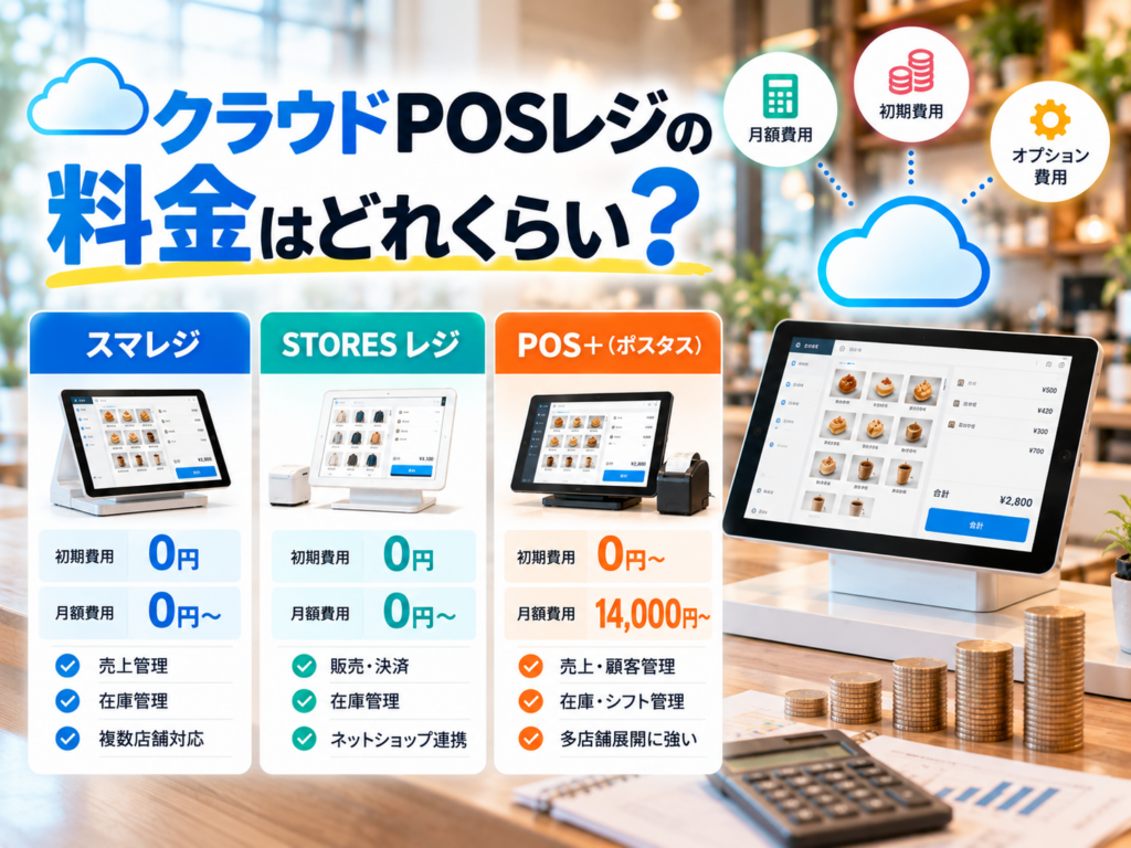 クラウドPOSレジの料金比較|スマレジ・STORES レジ・POS+の初期費用・月額料金・主な機能を紹介