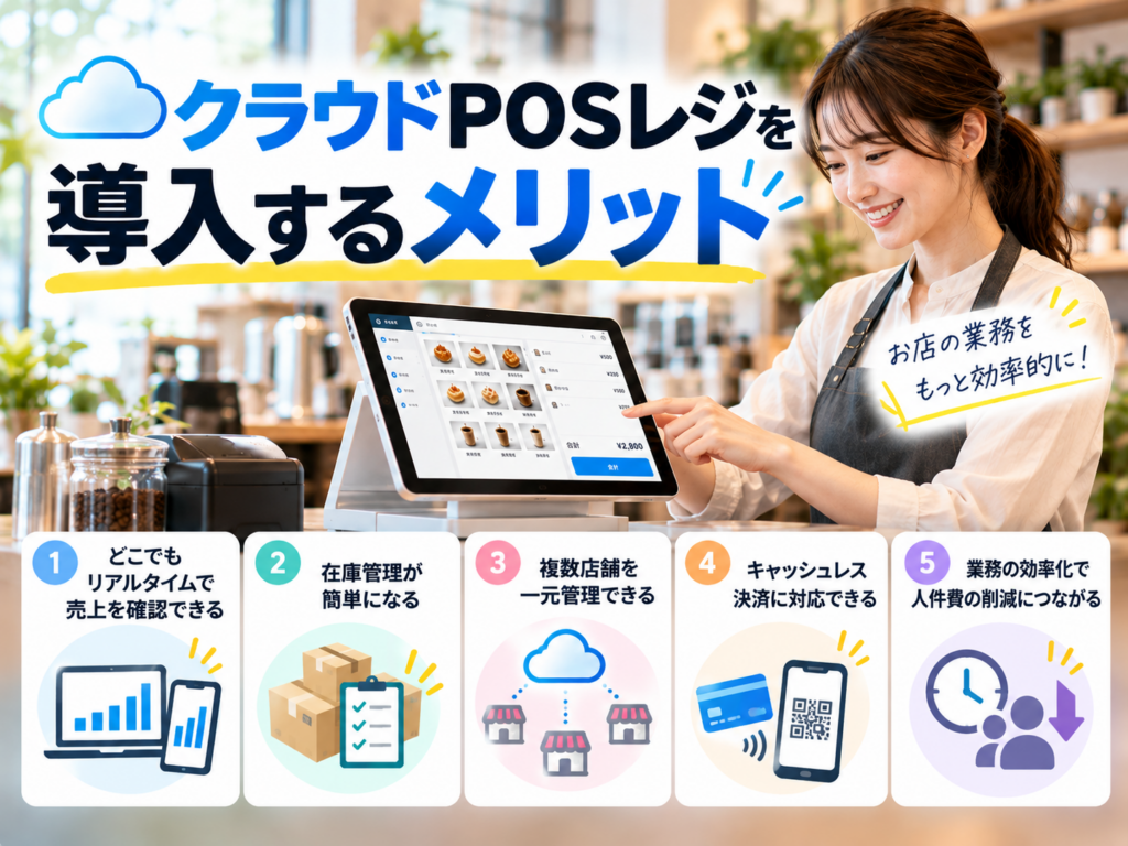 クラウドPOSレジを導入するメリット5つ|売上管理・在庫管理・複数店舗管理・キャッシュレス決済・業務効率化を解説