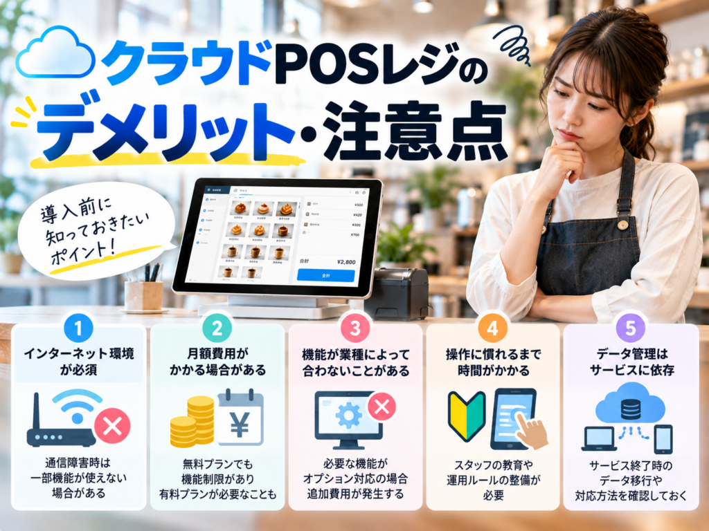 クラウドPOSレジのデメリット・注意点5つ|通信環境・月額料金・機能制限・操作習得・データ管理の課題を解説