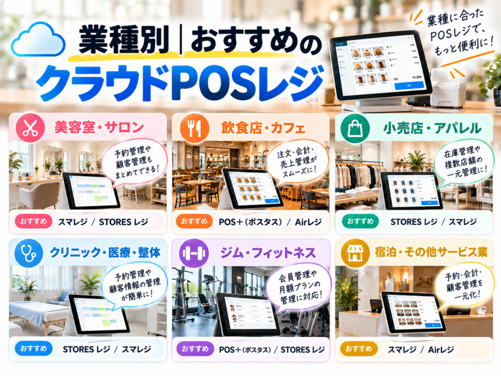 業種別おすすめクラウドPOSレジ|美容室・飲食店・小売店・クリニック・ジム・宿泊業に適したPOSレジの特徴を比較