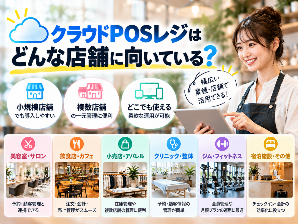 クラウドPOSレジが向いている店舗の特徴|小規模店舗・複数店舗や美容室・飲食店・小売店などの導入メリットを紹介
