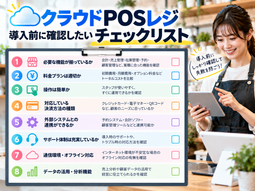 クラウドPOSレジ導入前のチェックリスト|必要な機能・料金・操作性・決済方法・外部連携・サポート・通信環境・データ分析の8項目を解説
