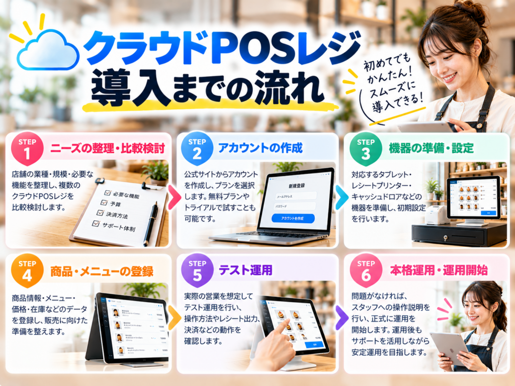 クラウドPOSレジ導入までの流れを6ステップで解説|比較検討・アカウント作成・機器準備・商品登録・テスト運用・本格導入の手順を紹介