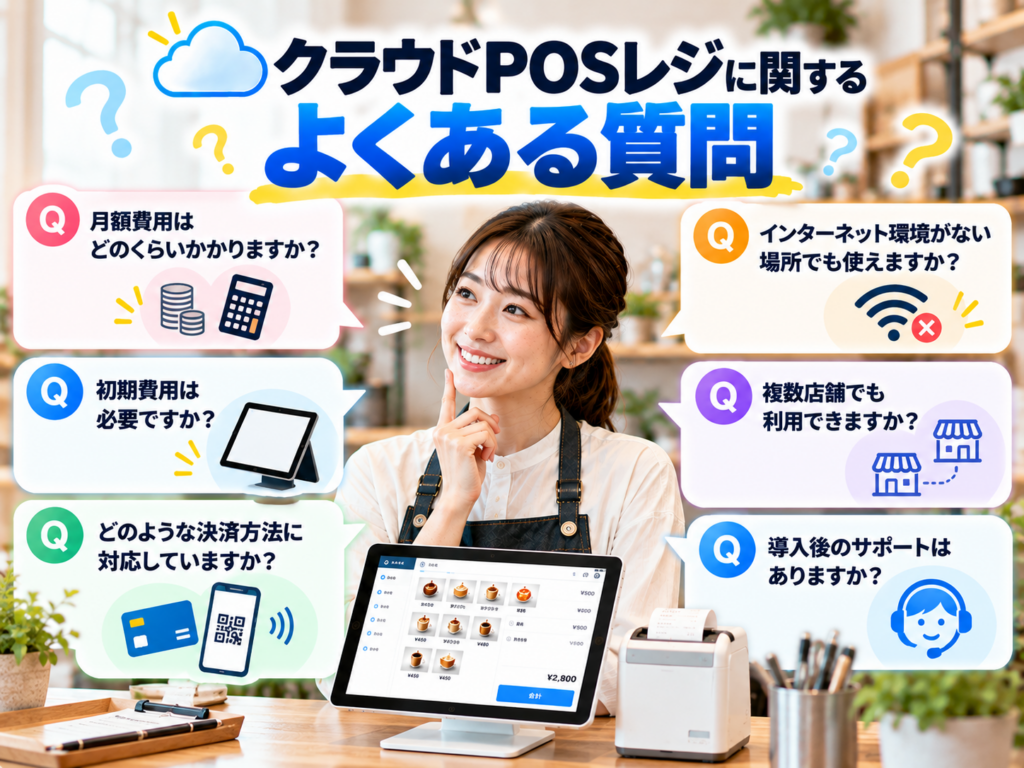 クラウドPOSレジに関するよくある質問|月額料金・初期費用・キャッシュレス決済・オフライン利用・複数店舗管理・導入後のサポートを解説