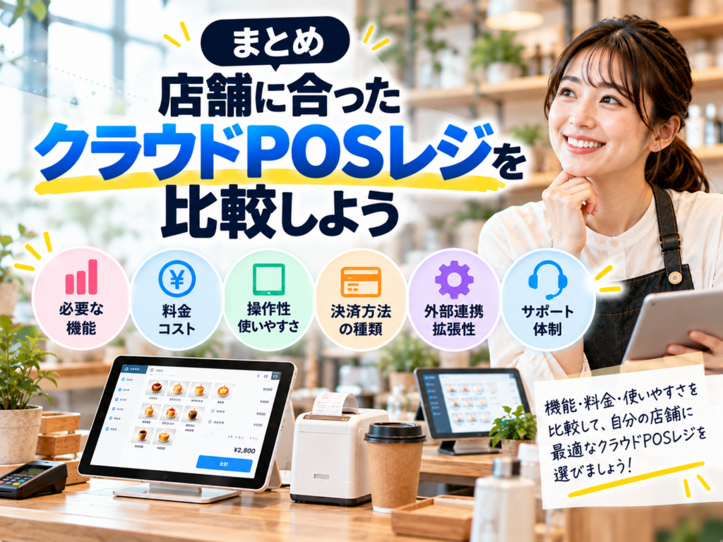 店舗に合ったクラウドPOSレジの比較ポイント|必要な機能・料金・操作性・決済方法・外部連携・サポート体制を解説