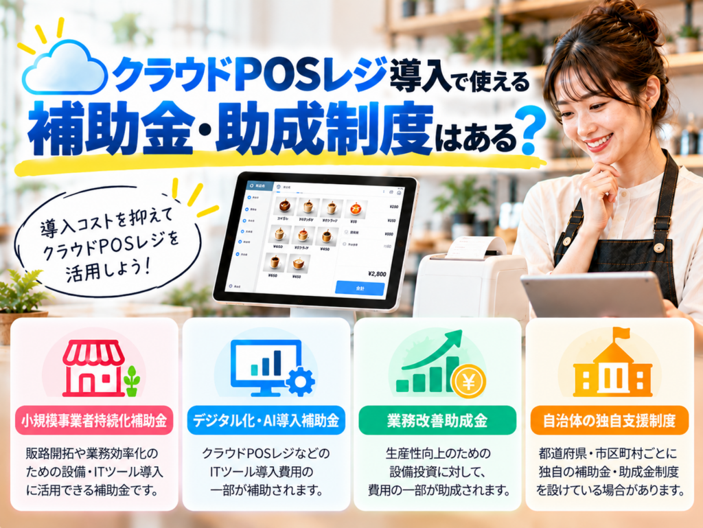クラウドPOSレジ導入で活用できる補助金・助成制度|小規模事業者持続化補助金・IT導入補助金・業務改善助成金・自治体の支援制度を紹介
