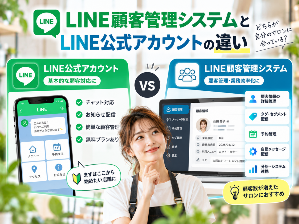 LINE顧客管理システムとLINE公式アカウントの違いを比較｜顧客情報管理・自動配信・予約管理などの機能を解説