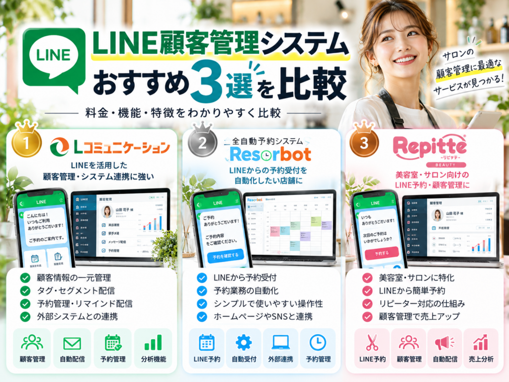 LINE顧客管理システムおすすめ3選を比較｜Lコミュニケーション・Reserbot・リピッテBEAUTYの料金・機能・特徴