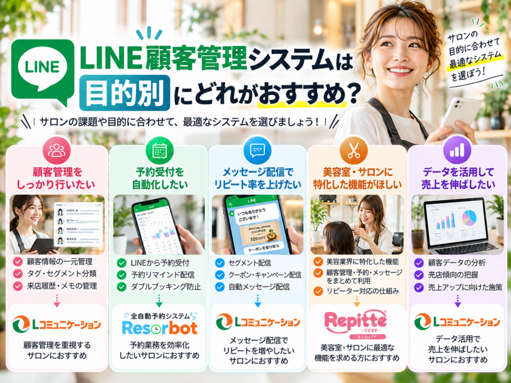 LINE顧客管理システムは目的別にどれがおすすめ？Lコミュニケーション・Reserbot・リピッテBEAUTYの特徴と選び方を比較