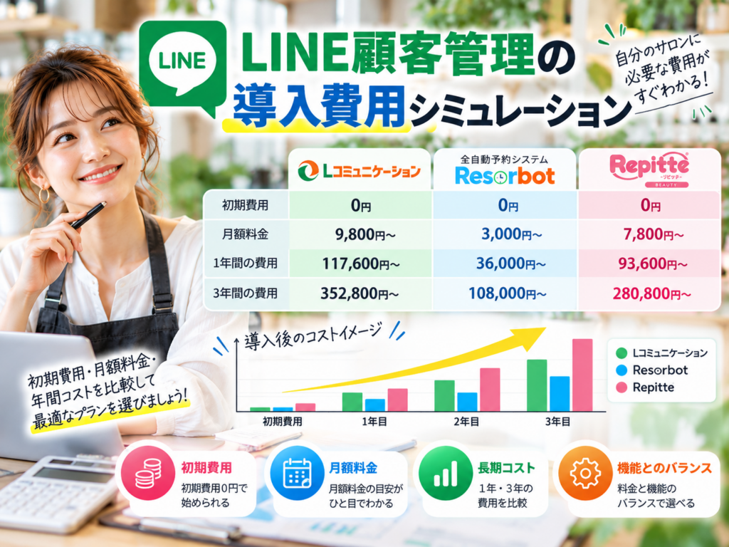 LINE顧客管理の導入費用シミュレーション｜Lコミュニケーション・Reserbot・リピッテBEAUTYの初期費用・月額料金・年間コストを比較