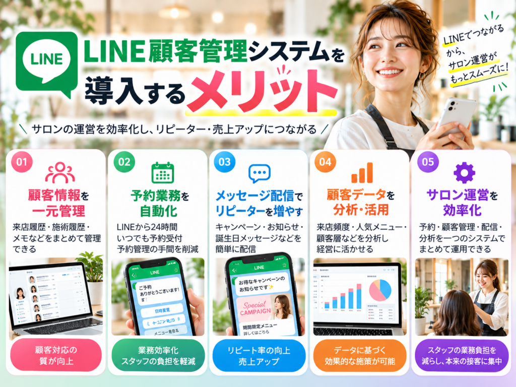 LINE顧客管理システムを導入する5つのメリット｜顧客情報の一元管理・予約自動化・リピーター獲得・データ分析・業務効率化