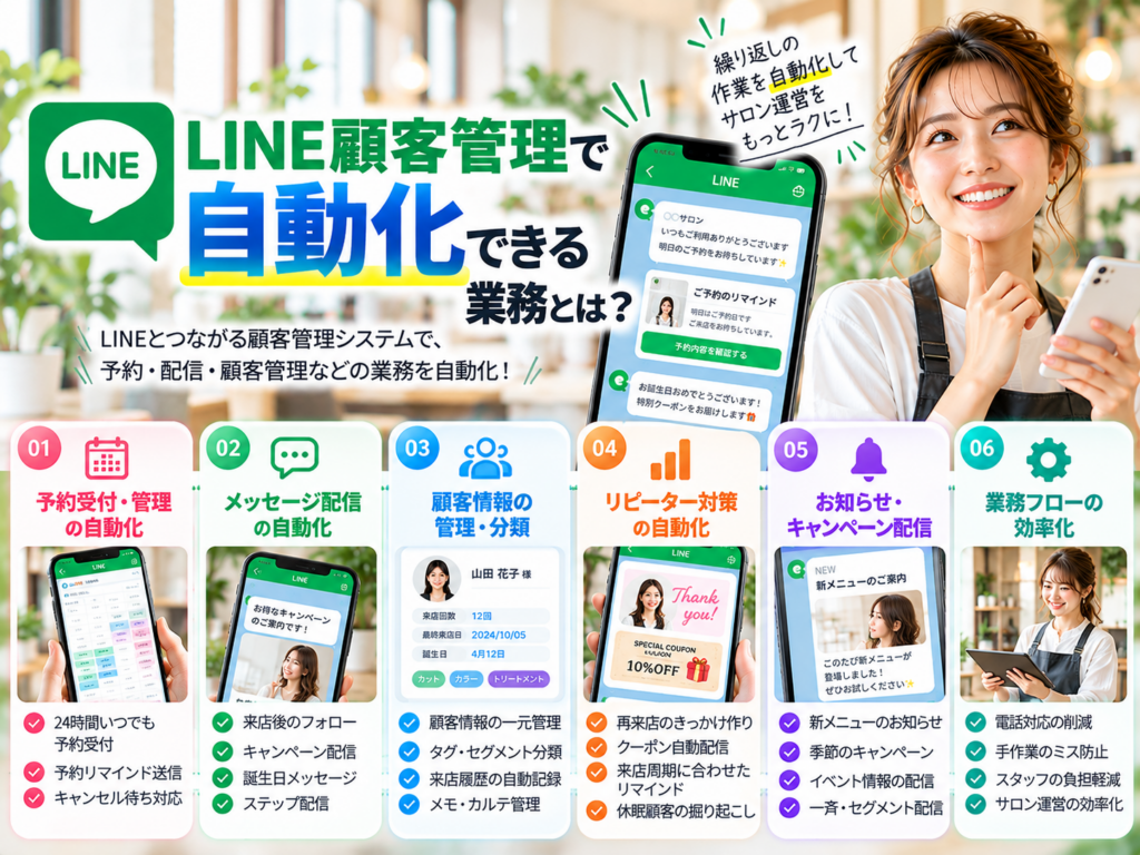 LINE顧客管理で自動化できる6つの業務｜予約受付・メッセージ配信・顧客情報管理・リピーター対策・キャンペーン配信・業務効率化