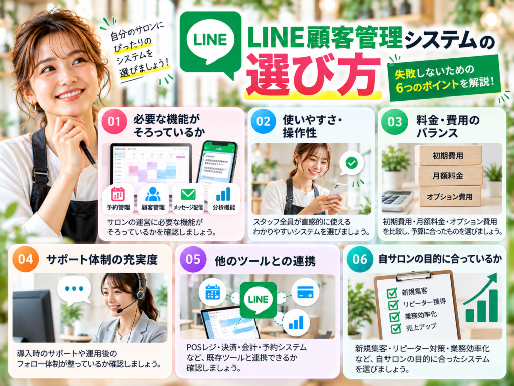 LINE顧客管理システムの選び方｜必要な機能・操作性・料金・サポート体制・外部連携など6つの比較ポイント