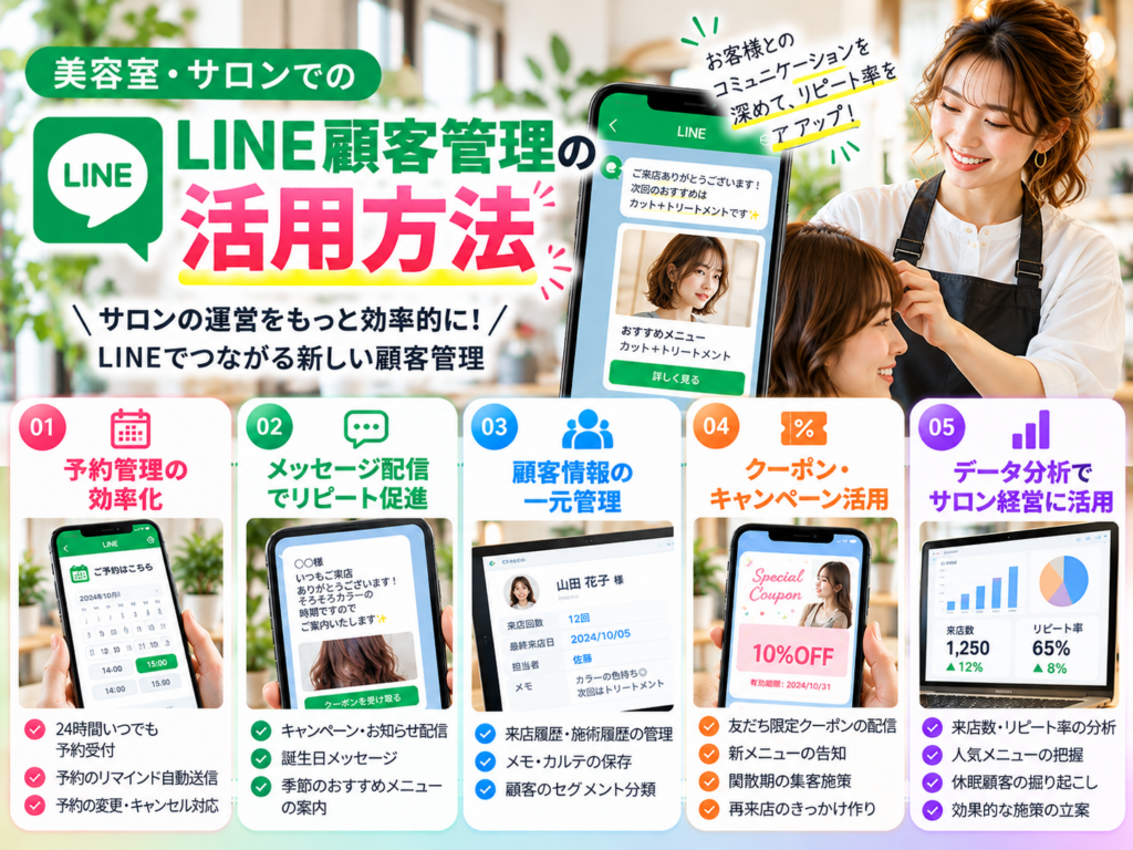 美容室・サロンでのLINE顧客管理の活用方法｜予約管理・メッセージ配信・顧客情報の一元管理・クーポン配信・データ分析