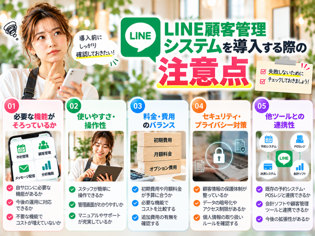 LINE顧客管理システム導入時の5つの注意点｜必要な機能・操作性・料金・セキュリティ対策・外部ツール連携を確認