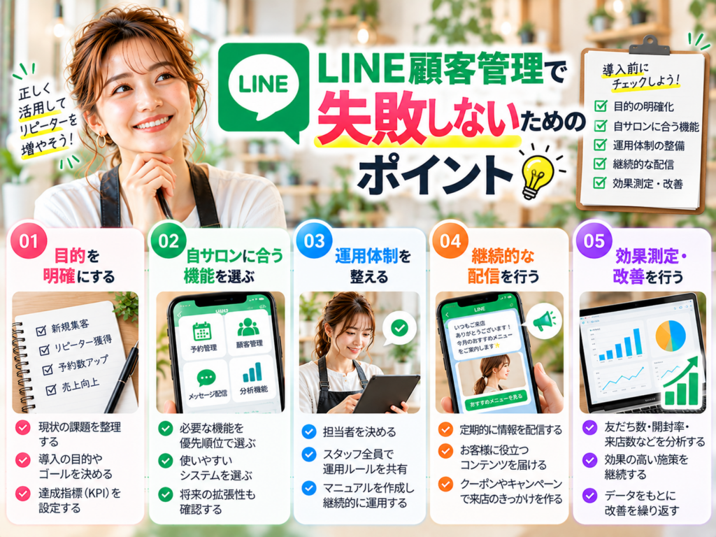 LINE顧客管理で失敗しないための5つのポイント｜目的の明確化・機能選定・運用体制・継続配信・効果測定と改善