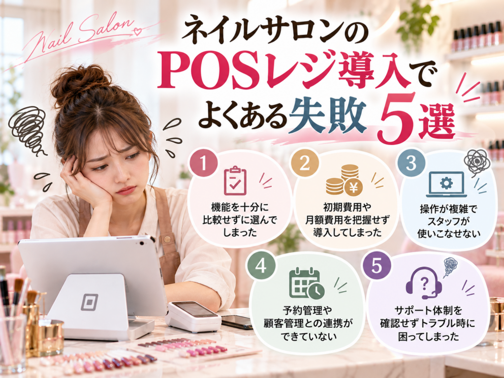 ネイルサロンのPOSレジ導入でよくある失敗5選｜機能・導入費用・操作性・予約管理との連携・サポート体制の注意点