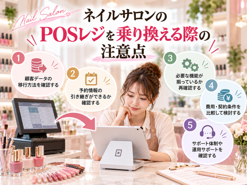 ネイルサロンのPOSレジを乗り換える際の注意点｜顧客データ移行・予約情報の引き継ぎ・機能・費用・サポート体制を確認