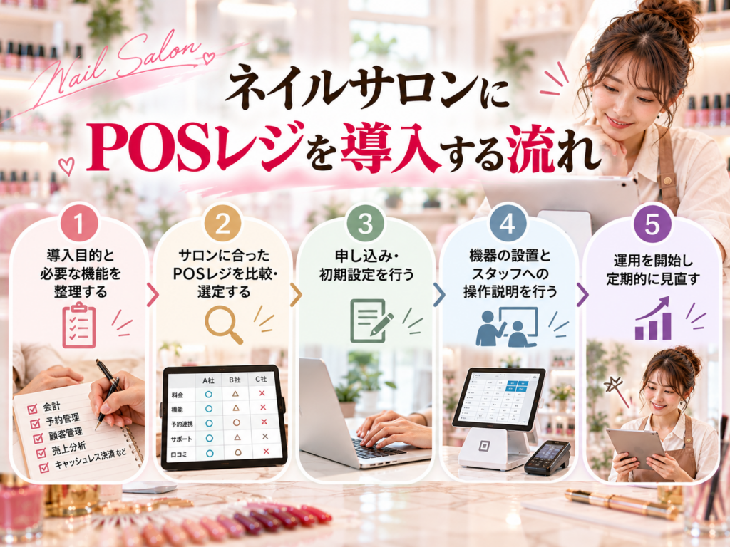 ネイルサロンにPOSレジを導入する流れ｜必要な機能の整理・サービス比較・申し込み・初期設定・運用開始までの5ステップ