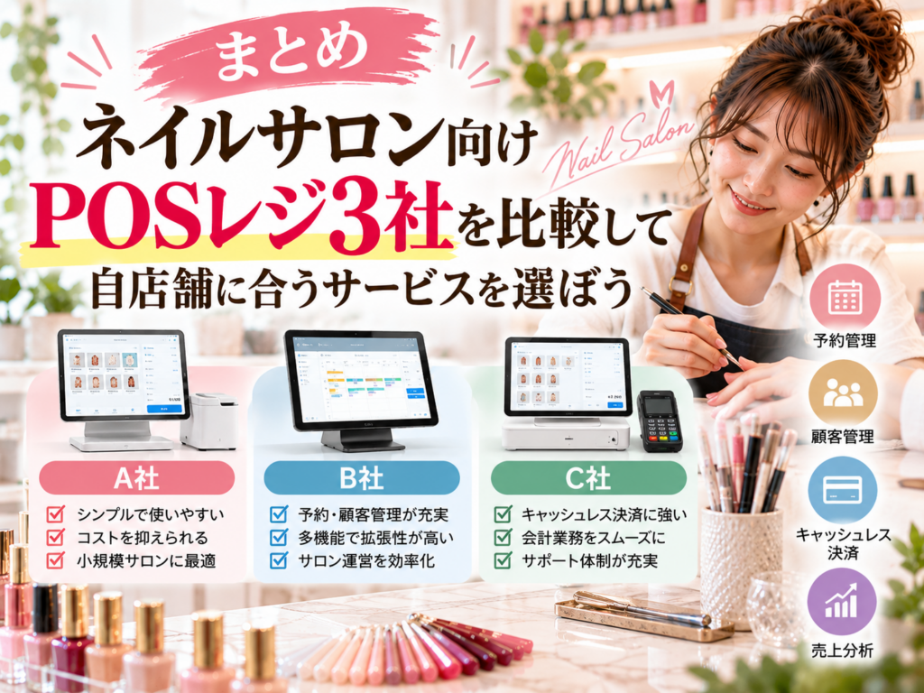 ネイルサロン向けPOSレジおすすめ3社を比較｜料金・予約管理・顧客管理・キャッシュレス決済・売上分析から自店舗に合うサービスを選ぶ