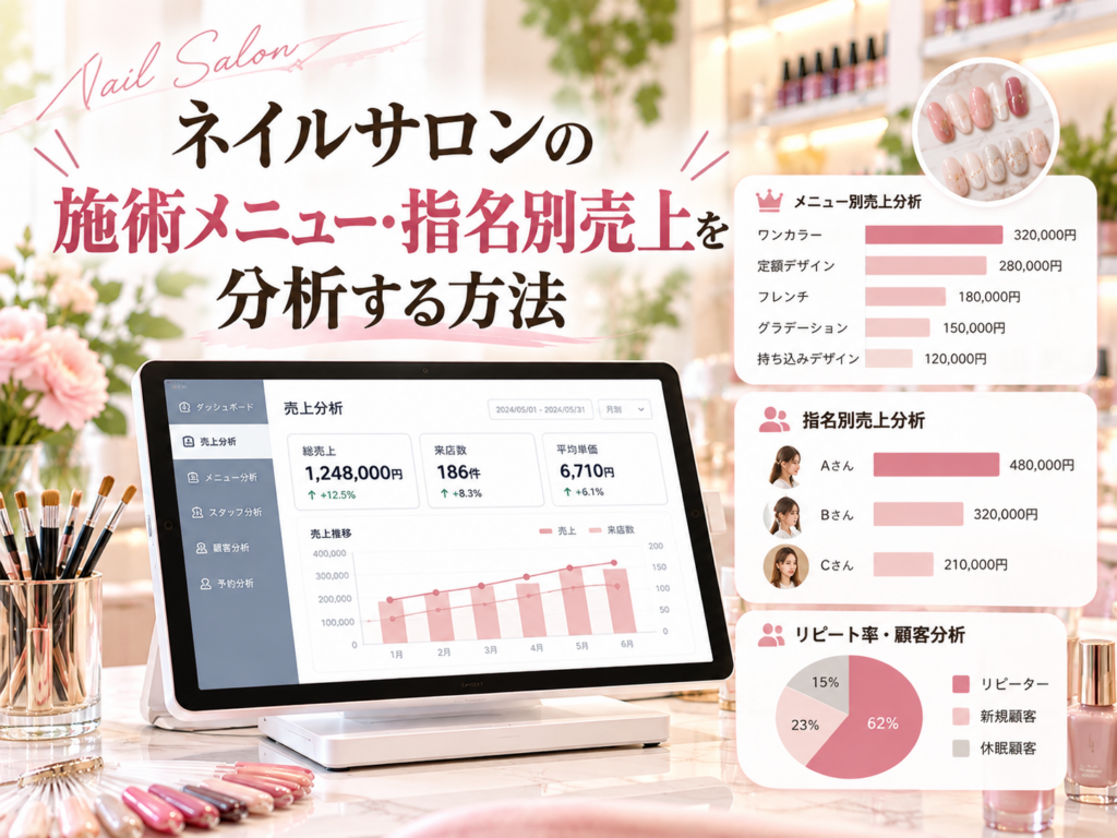 ネイルサロンの施術メニュー・指名別売上を分析する方法｜POSレジでメニュー別売上・スタッフ別売上・リピート率を可視化