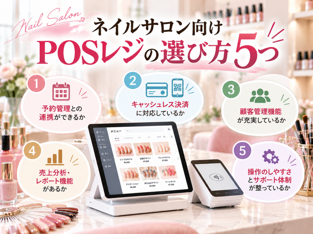 ネイルサロン向けPOSレジの選び方5つ｜予約管理・キャッシュレス決済・顧客管理・売上分析・操作性とサポート体制を比較