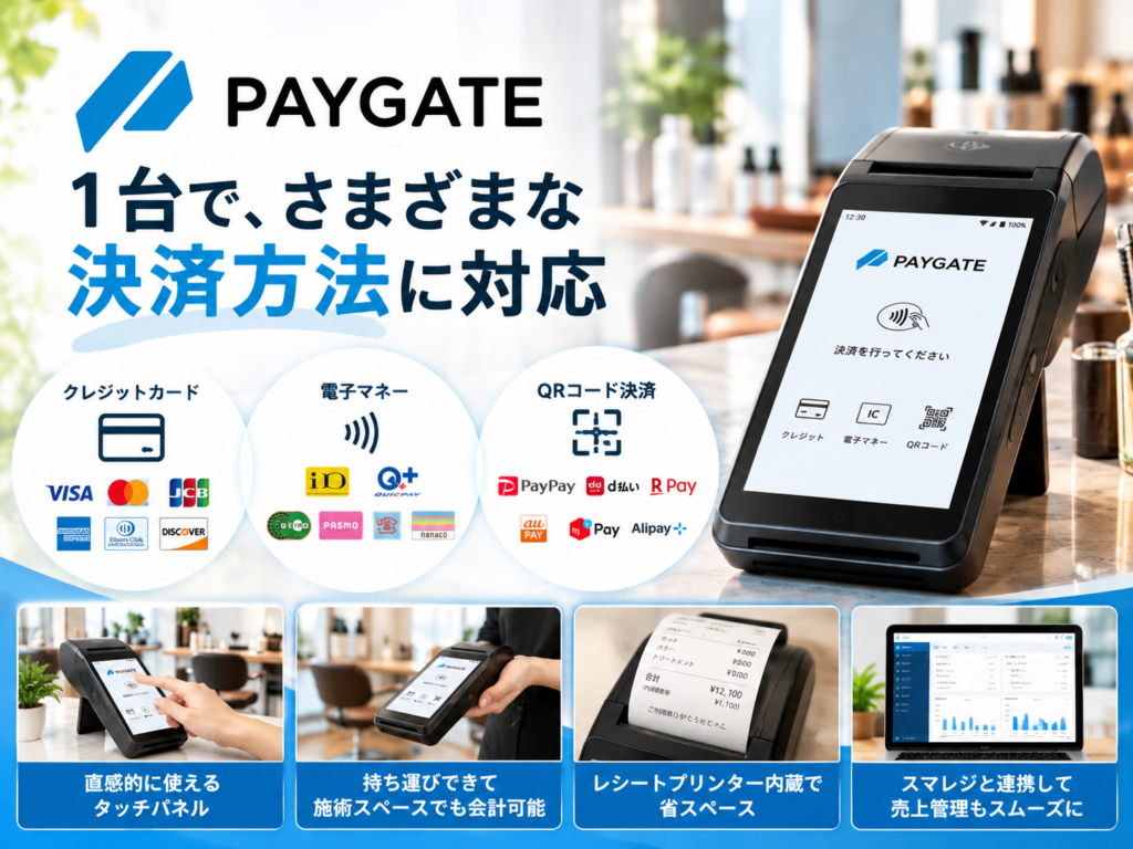 PAYGATE（ペイゲート）の特徴｜クレジットカード・電子マネー・QRコード決済に1台で対応し、持ち運びやレシート印刷、スマレジ連携で会計業務を効率化