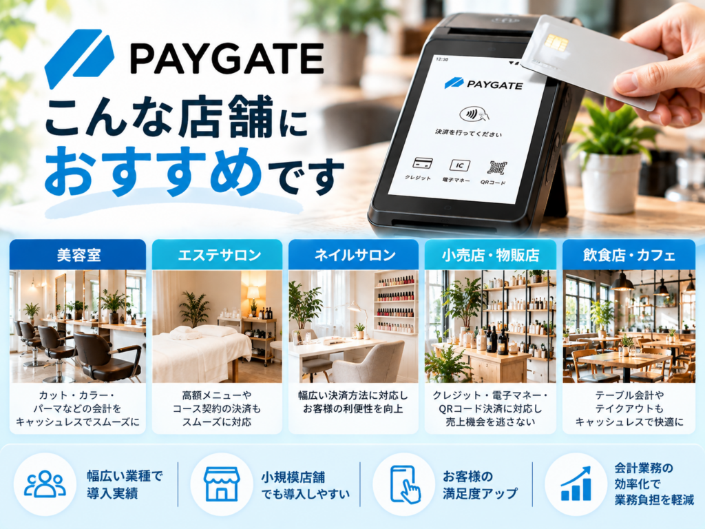 PAYGATE（ペイゲート）がおすすめの店舗｜美容室・エステサロン・ネイルサロン・小売店・飲食店でのキャッシュレス決済導入と会計業務の効率化