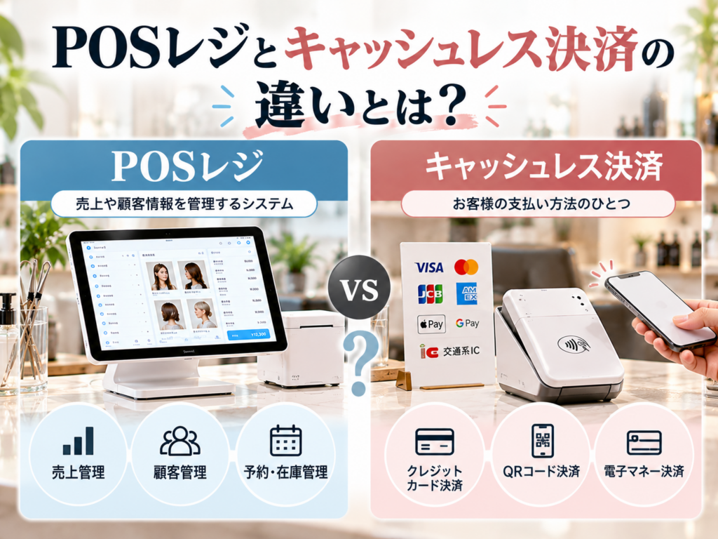 POSレジとキャッシュレス決済の違いを比較|売上・顧客管理機能とクレジットカード・QRコード・電子マネー決済の特徴
