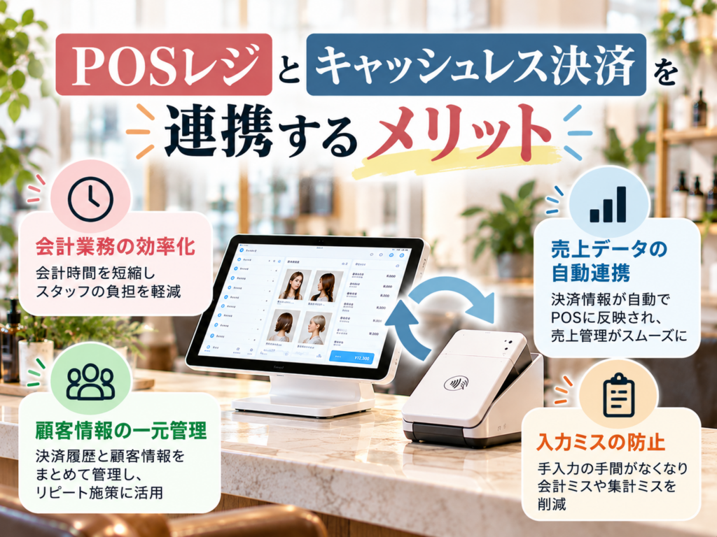 POSレジとキャッシュレス決済を連携する4つのメリット｜会計業務の効率化・売上データの自動連携・顧客情報の一元管理・入力ミスの防止