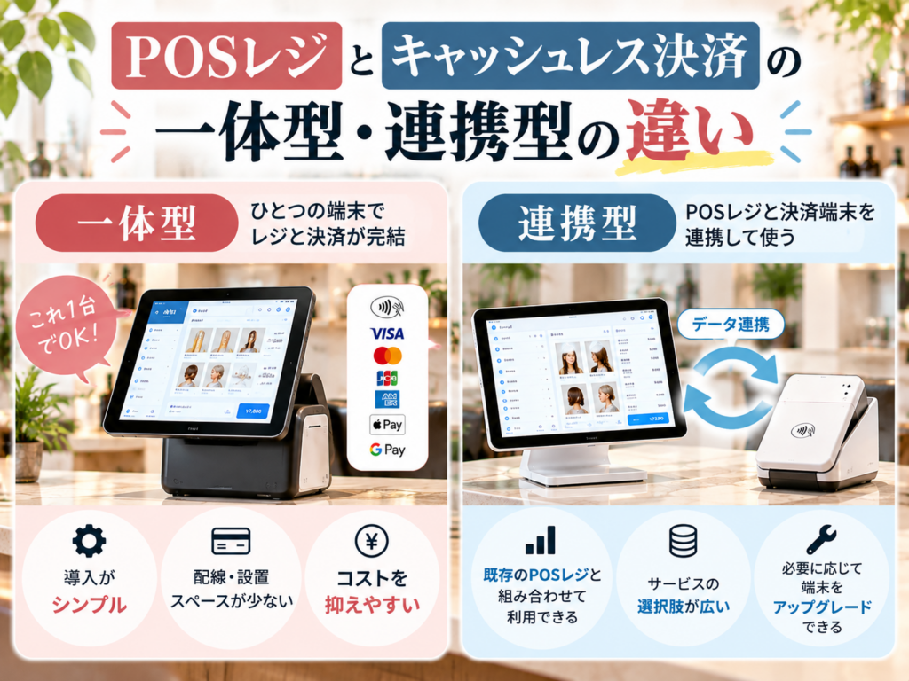 POSレジとキャッシュレス決済の一体型・連携型の違いを比較|それぞれの特徴や導入メリットを解説