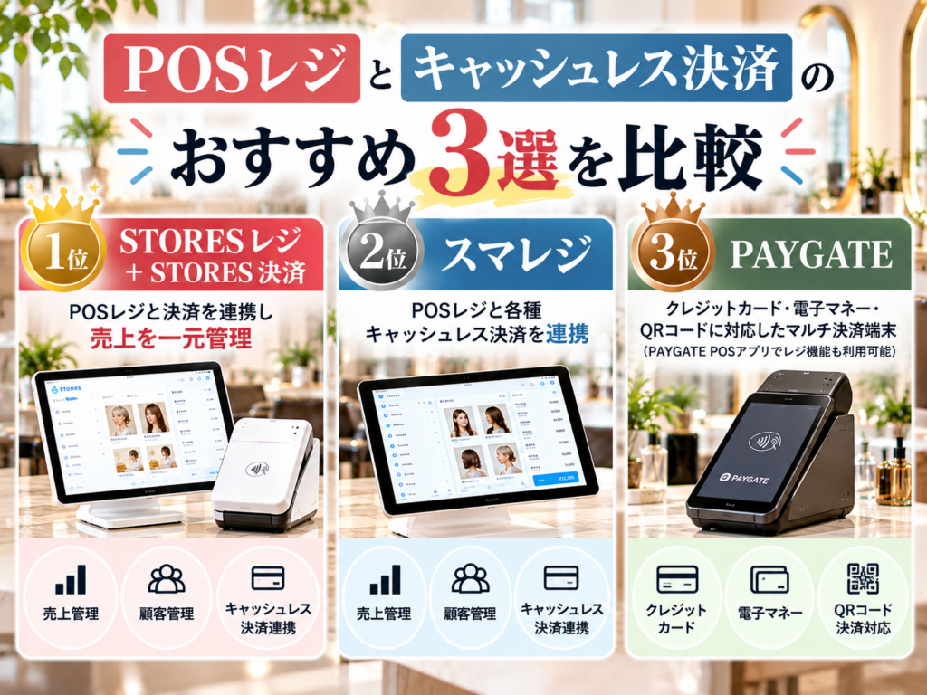 POSレジとキャッシュレス決済のおすすめ3選を比較|STORES レジ+STORES 決済・スマレジ・PAYGATEの特徴と対応機能