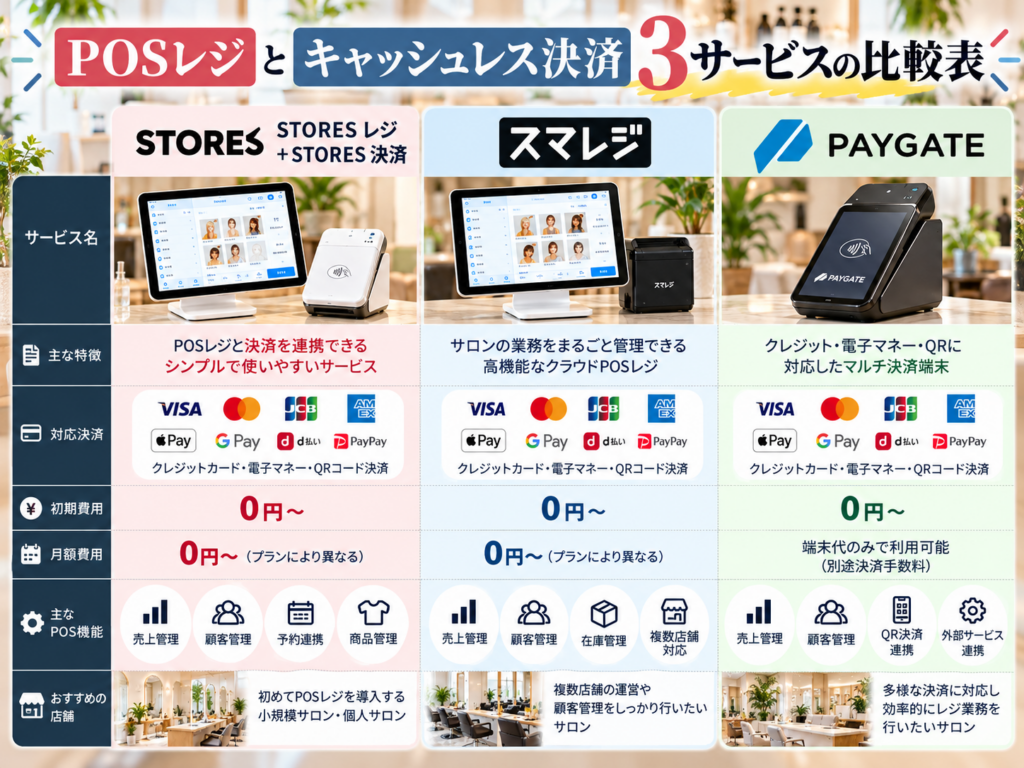 POSレジとキャッシュレス決済3サービスの比較表|STORES レジ+STORES 決済・スマレジ・PAYGATEの料金・機能・対応決済を比較
