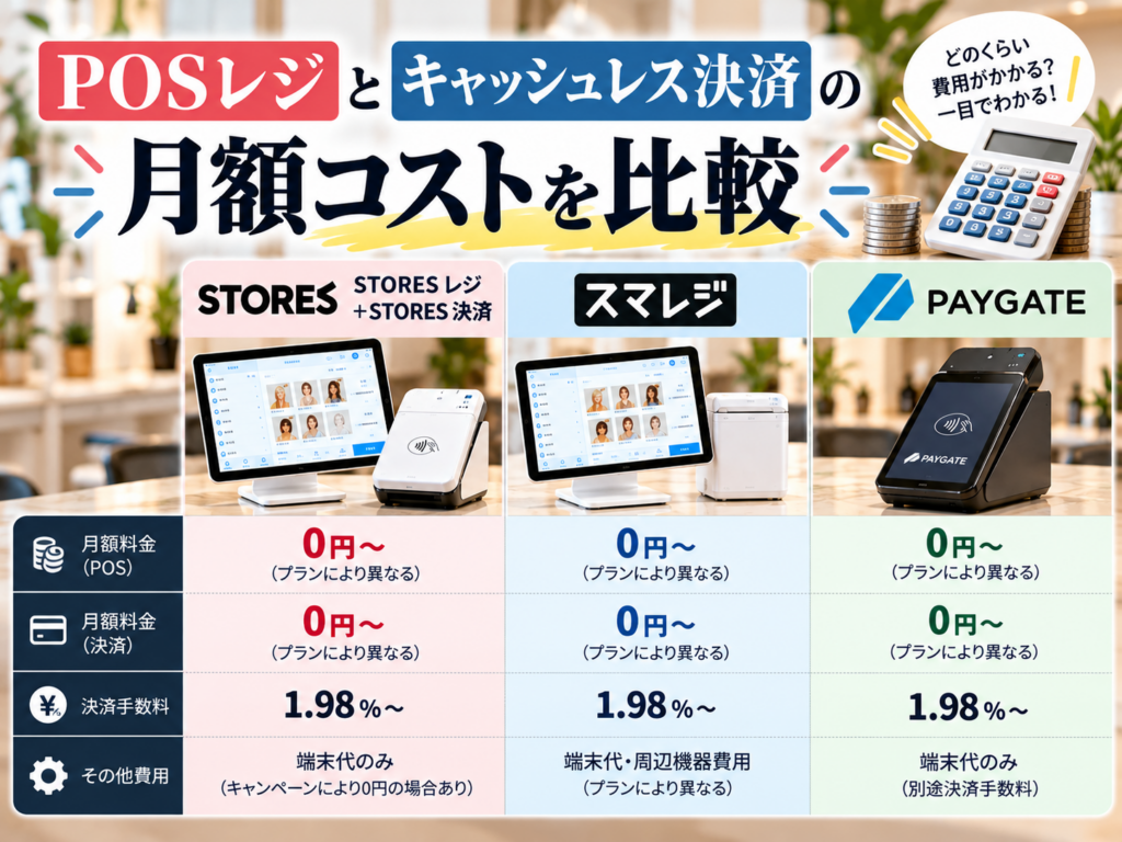 POSレジとキャッシュレス決済3サービスの月額コスト比較|STORES レジ+STORES 決済・スマレジ・PAYGATEの月額料金・決済手数料・その他費用