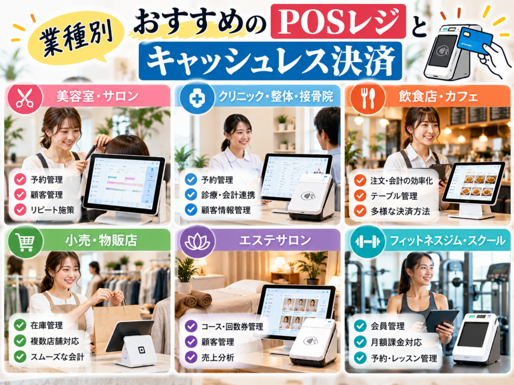 業種別におすすめのPOSレジとキャッシュレス決済を比較|美容室・クリニック・飲食店・小売店・エステサロン・フィットネスジムの導入ポイント