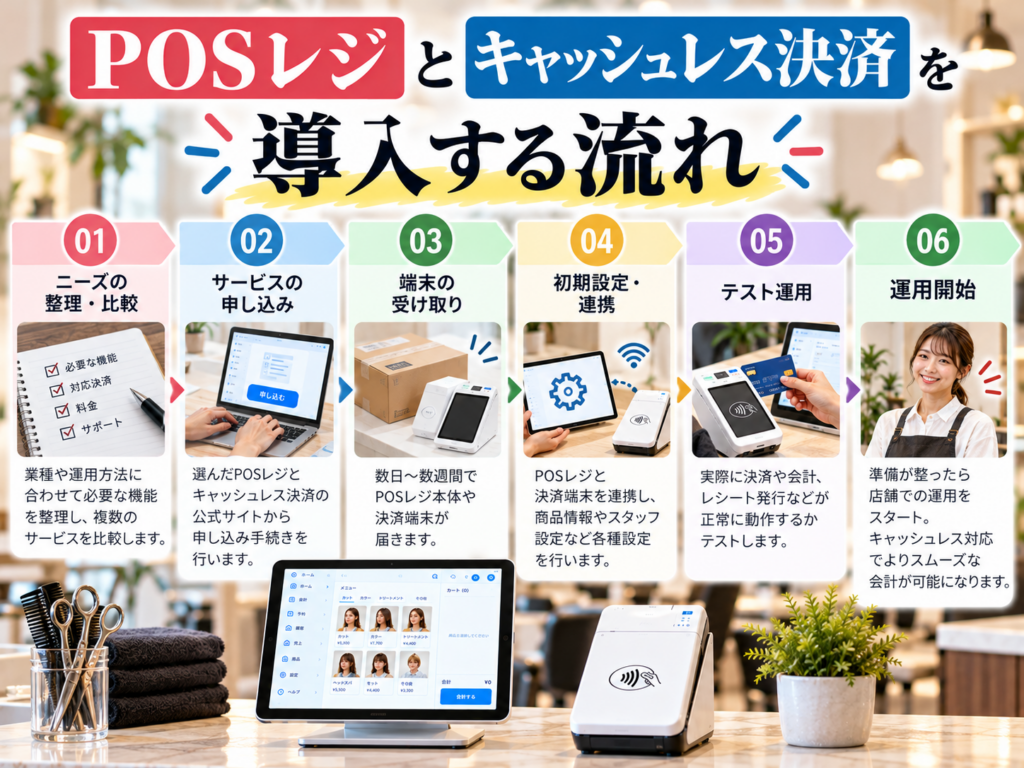 POSレジとキャッシュレス決済を導入する6つの流れ|サービス比較・申し込み・端末受け取り・初期設定・テスト運用・運用開始