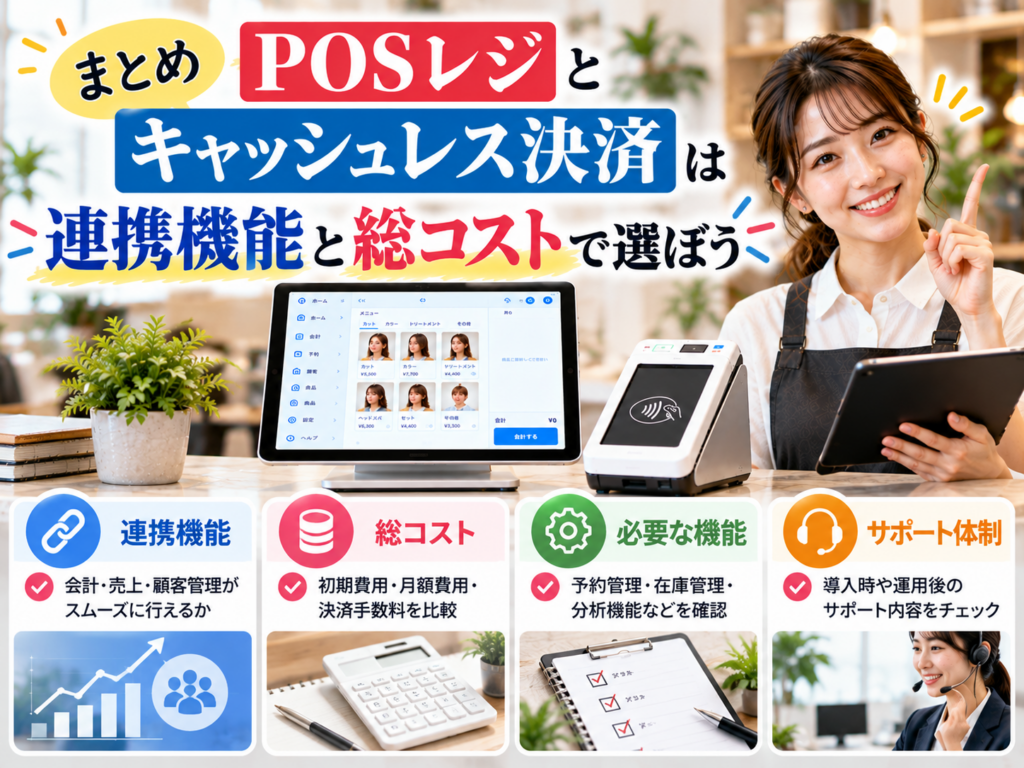 POSレジとキャッシュレス決済の選び方まとめ|連携機能・総コスト・必要な機能・サポート体制の4つの比較ポイント