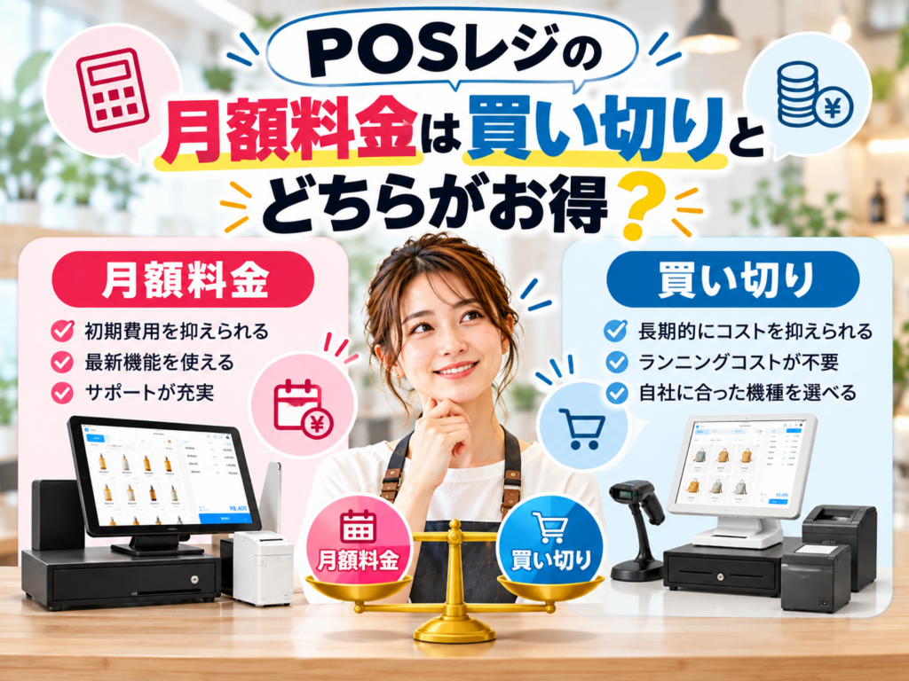 POSレジの月額料金と買い切りはどちらがお得？初期費用・ランニングコスト・機能・サポートの違いを比較
