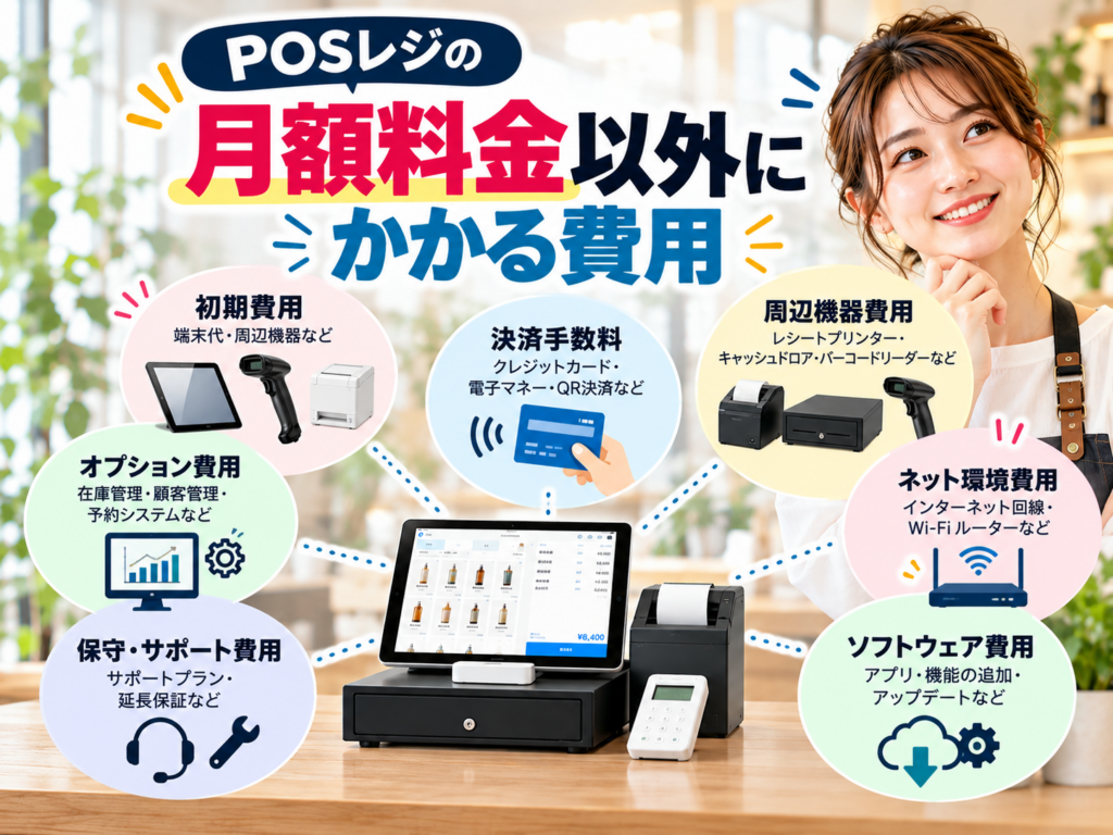 POSレジの月額料金以外にかかる費用を解説|初期費用・決済手数料・周辺機器・オプション・保守サポートなどのランニングコスト