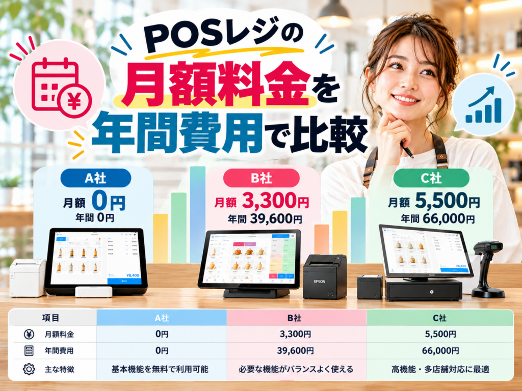 POSレジの月額料金を年間費用で比較|月額0円・3,300円・5,500円の3プランの年間コストと機能の違い