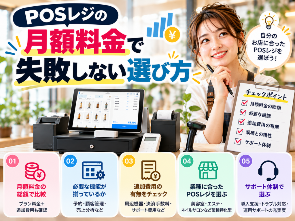 POSレジの月額料金で失敗しない選び方|料金総額・必要な機能・追加費用・業種との相性・サポート体制の5つの比較ポイント