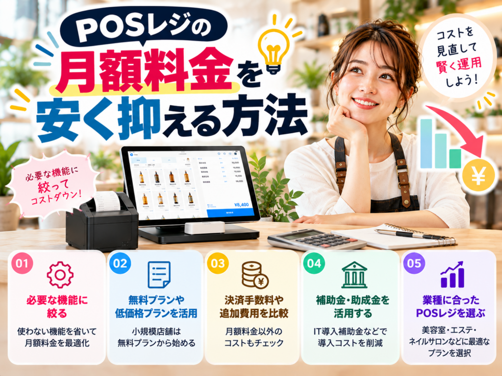 POSレジの月額料金を安く抑える5つの方法|無料プランの活用・必要な機能の見直し・決済手数料の比較・補助金の活用を解説