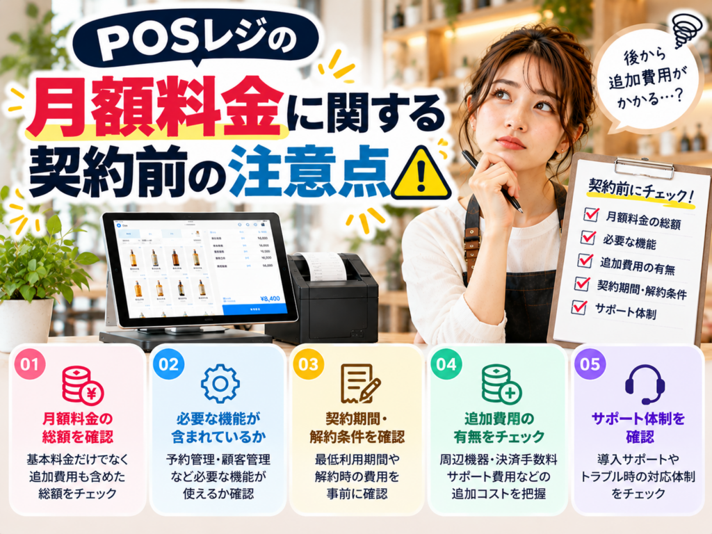 POSレジの月額料金に関する契約前の注意点|料金総額・必要な機能・契約期間・解約条件・追加費用・サポート体制の5つのチェックポイント