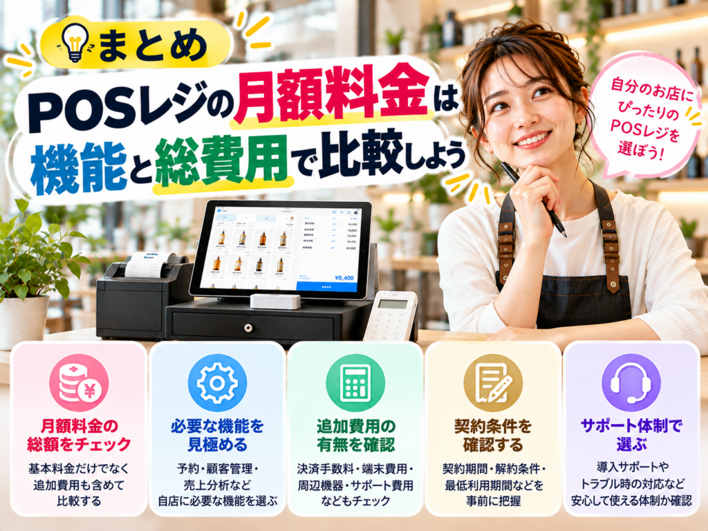 POSレジの月額料金は機能と総費用で比較｜必要な機能・追加費用・契約条件・サポート体制を確認する5つのポイント